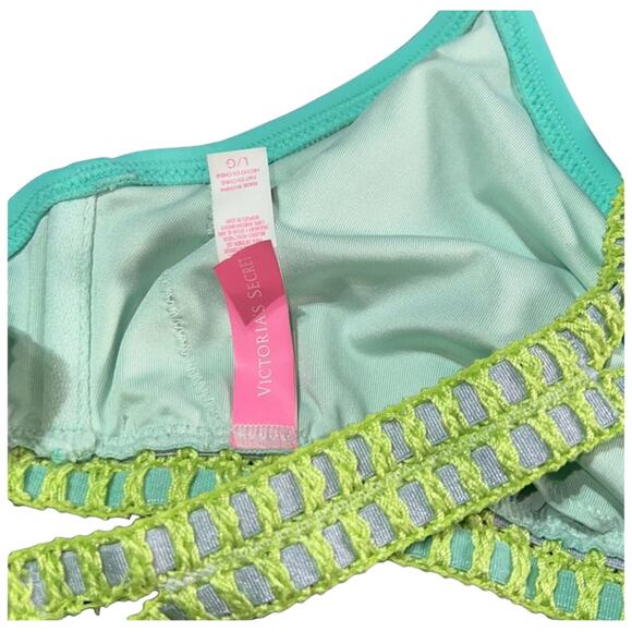 Victoria's Secret Teal Bikini Top Large Crochet Trim Racerback Turquoise Y-Back - Picture 6 of 11